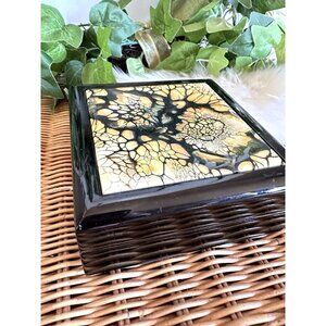 Black Laquer Abstract Fluid Art Tile Trinket Stash Jewelry Keys Box Storage